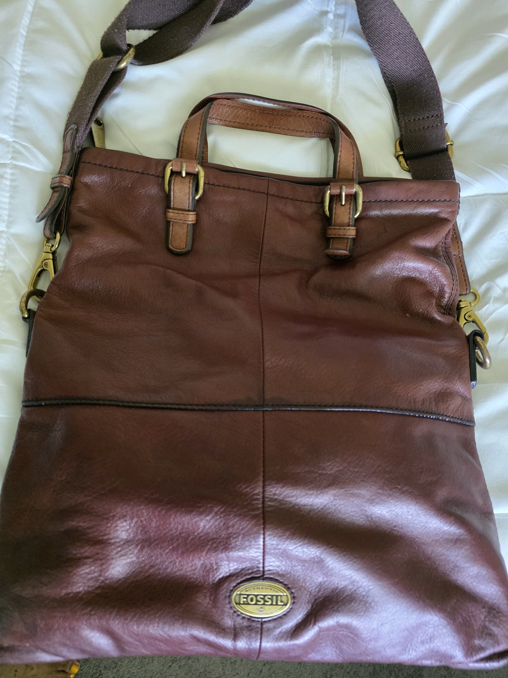 Fossil Brown Leather Crossbody Tote with Brass Hardware - Picture 3 of 4